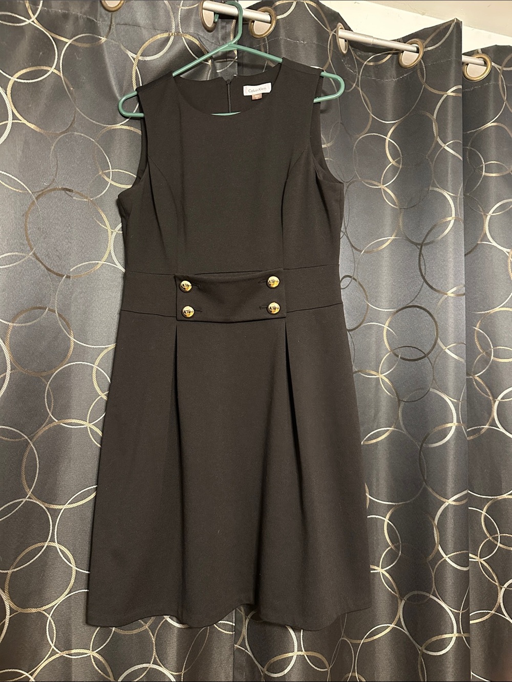 Calvin Klein Black Sleeveless Midi Dress with Gold Button Accents